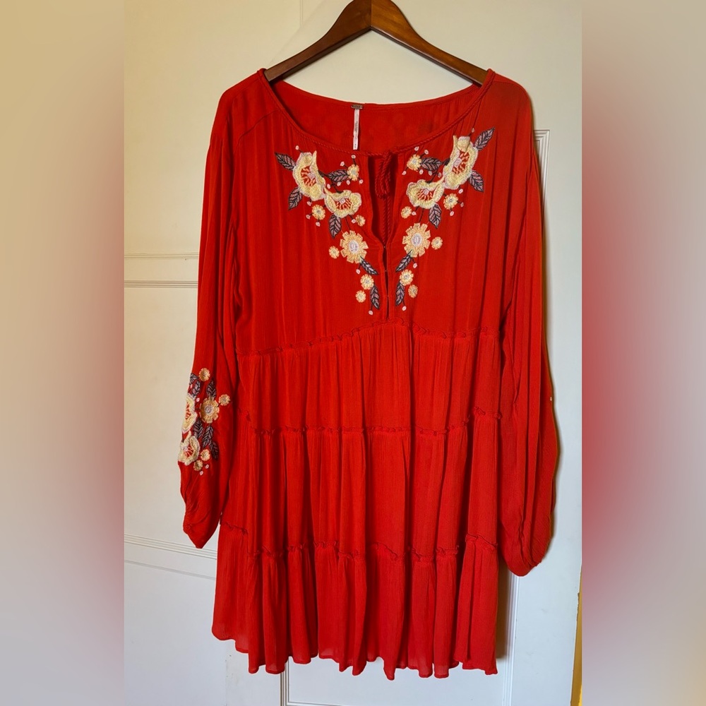 FREE PEOPLE MIA GAUZE EMBROIDERED, LONG SLEEVE, MINI DRESS PRE-OWNED